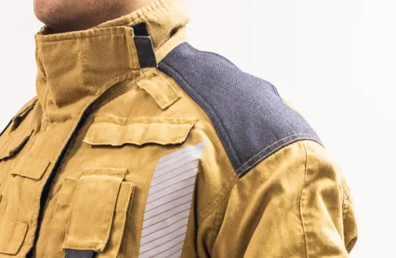 Kevlar-reinforced padded shoulder area.