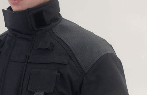 Kevlar-reinforced shoulder area.